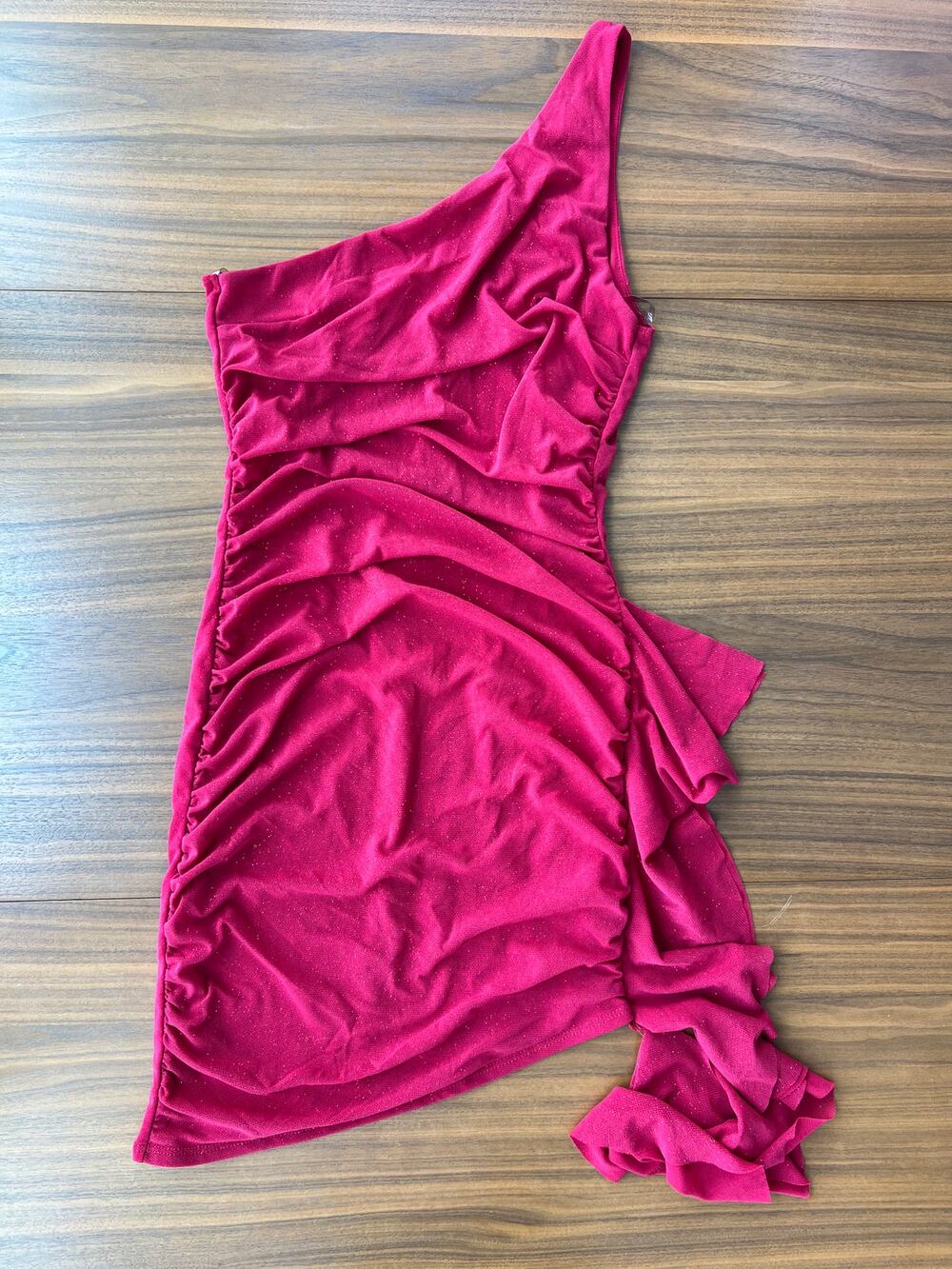 Privy Red One Shoulder Dress Y2K Cocktail Summer Romantic Ruffles Glitter Medium
